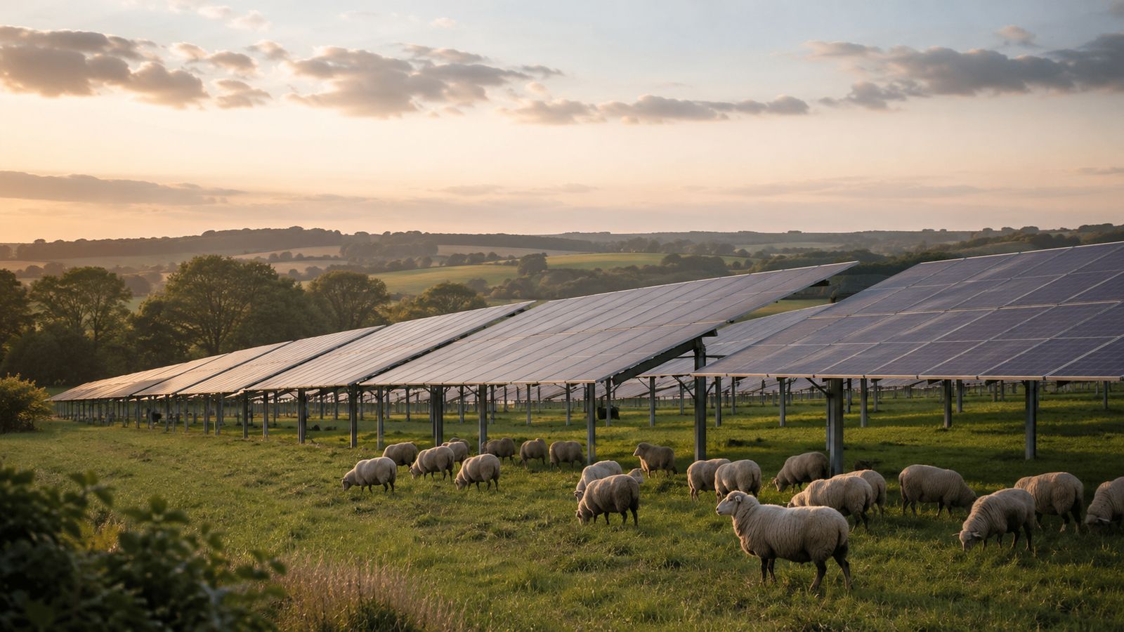Schafe weiden unter aufgeständerten Modulreihen einer Agri-Photovoltaikanlage in hügeliger Landschaft