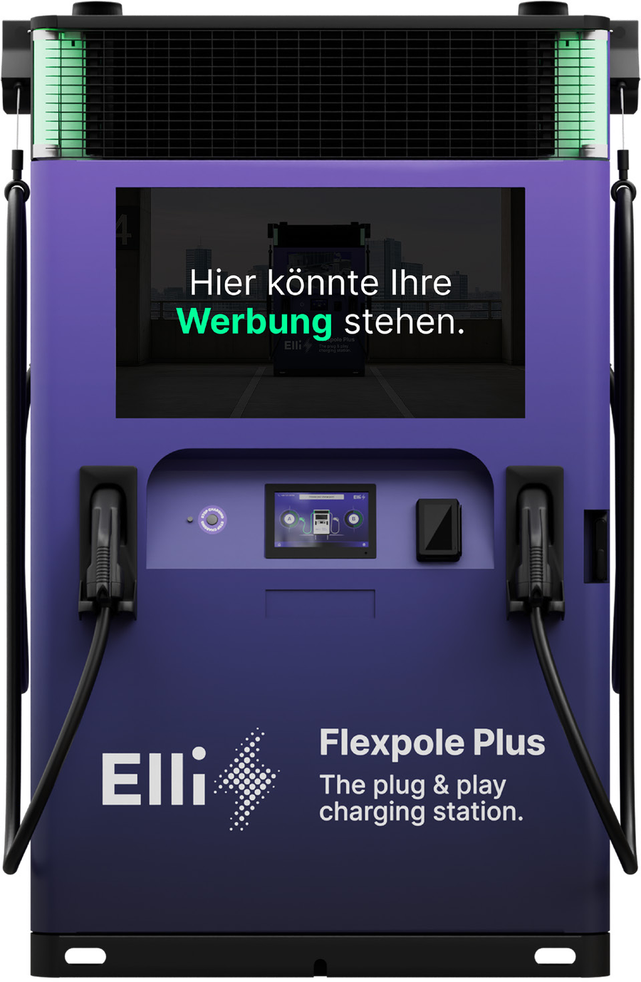 Frontansicht der Elli Flexpole Plus mit 43-Zoll-Werbedisplay, Bezahlterminal und zwei CCS-Ladepunkten