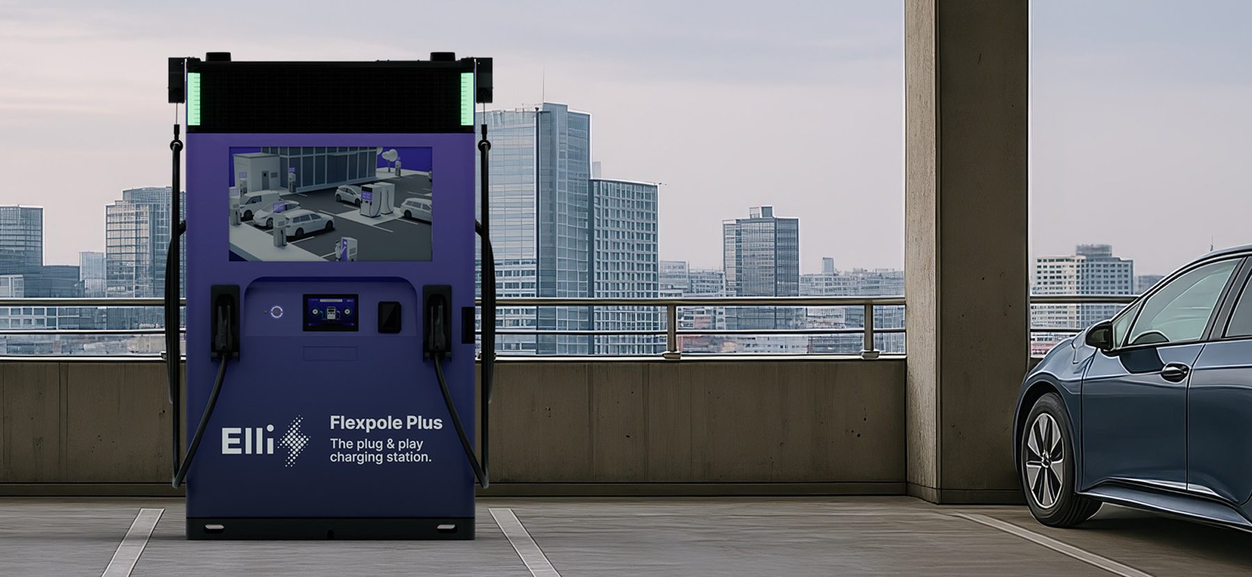 Elli Flexpole Plus Schnellladestation vor einem modernen Gebäude