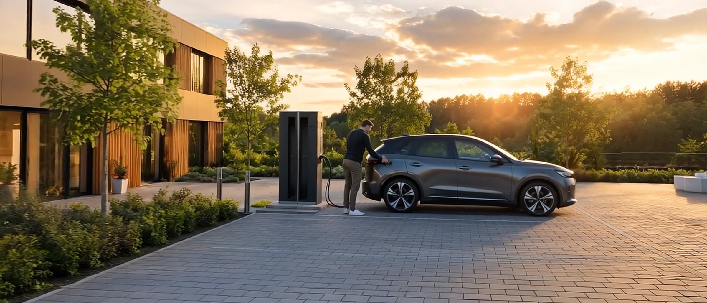 Modernes Gebäude mit Photovoltaik – Elektroauto lädt an der Ladesäule im Abendlicht