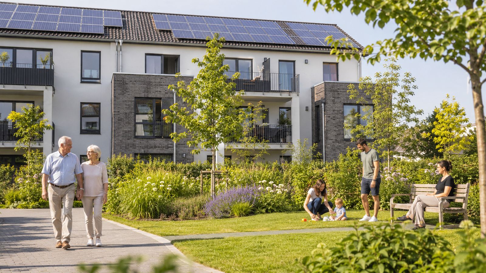 Mehrfamilienhaus mit Photovoltaikanlage und begrüntem Innenhof, in dem sich Bewohner aufhalten
