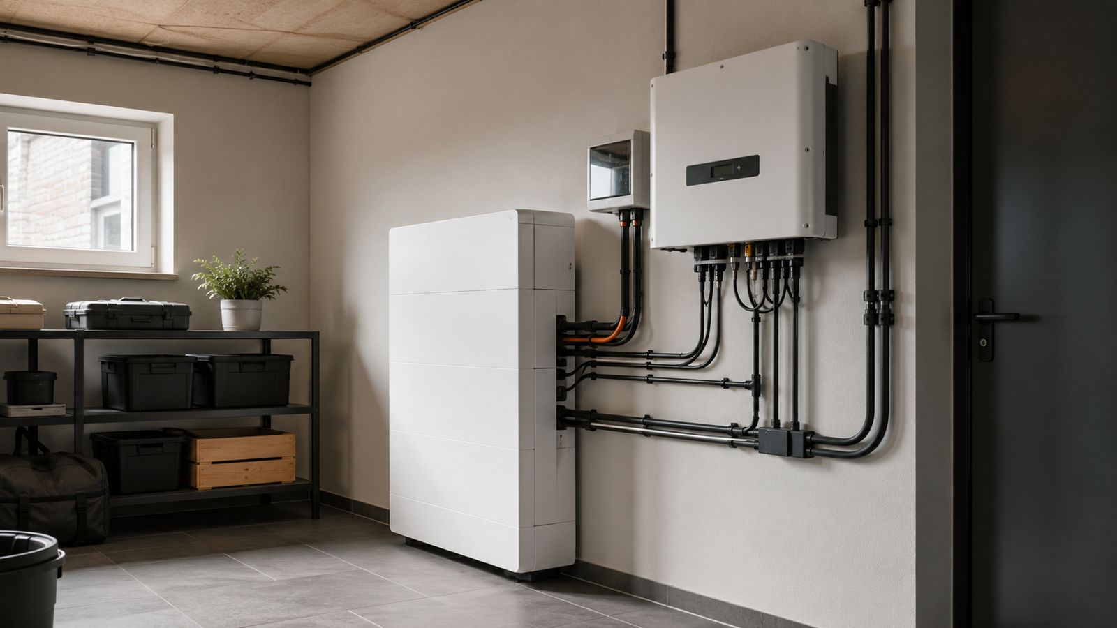 Technikraum mit weißem Batteriespeicher und Wechselrichter an der Wand