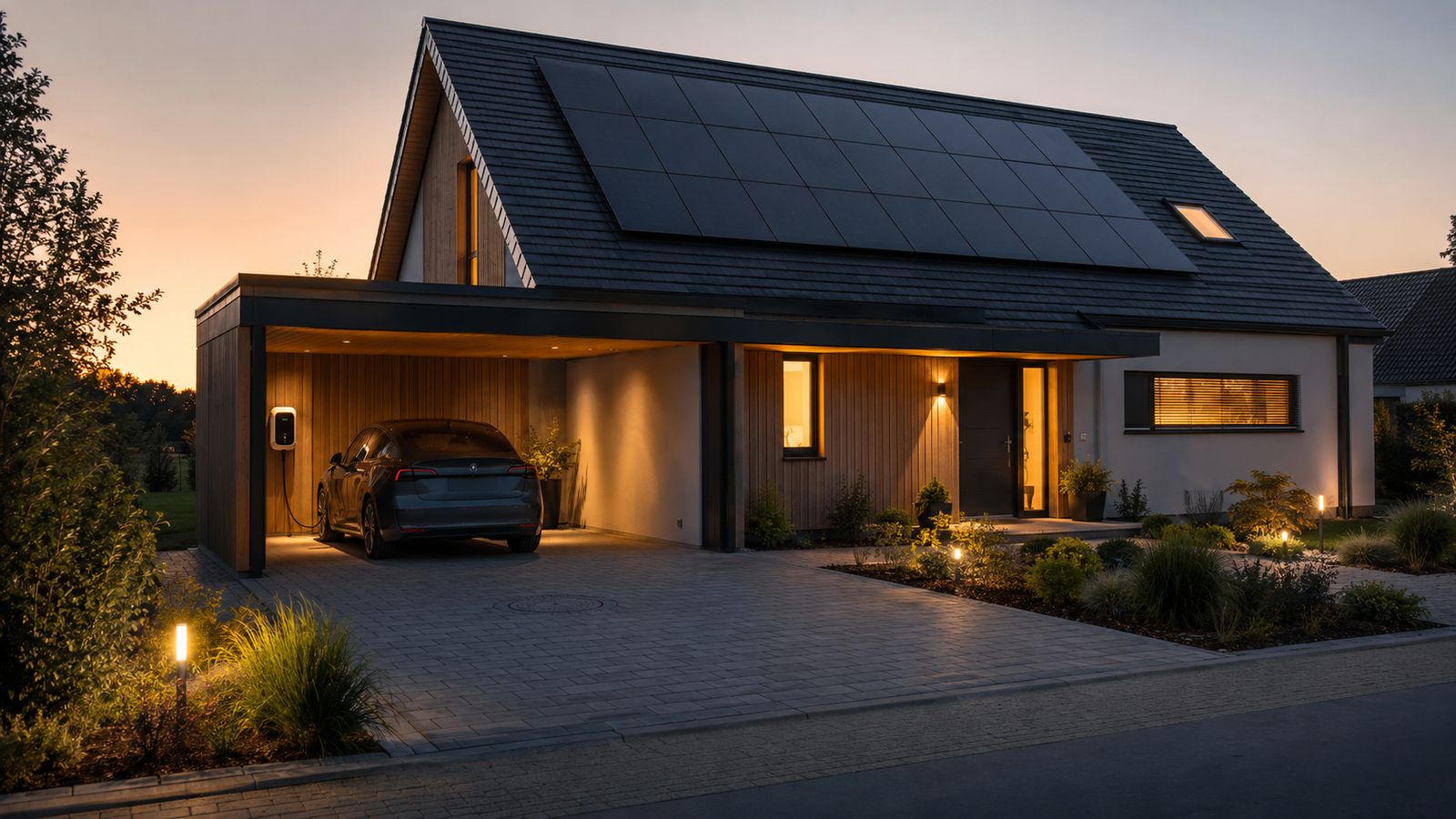 Einfamilienhaus am Abend, ein Elektroauto lädt an der Wallbox im Carport
